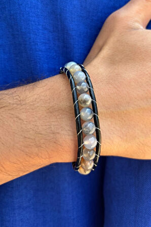 Doğal Taşlı El İşçiliği ile Üretilmiş Hakiki Deri Erkek Bileklik