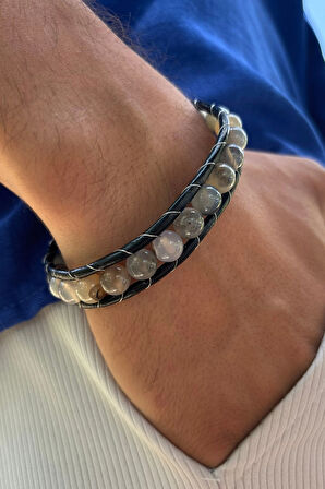 Doğal Taşlı El İşçiliği ile Üretilmiş Hakiki Deri Erkek Bileklik