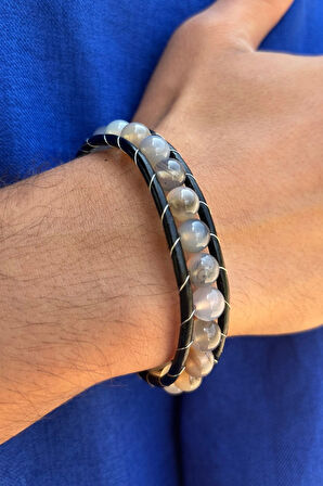 Doğal Taşlı El İşçiliği ile Üretilmiş Hakiki Deri Erkek Bileklik