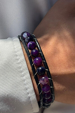 Mor Doğal Taşlı El İşçiliği ile Üretilmiş Hakiki Deri Erkek Bileklik