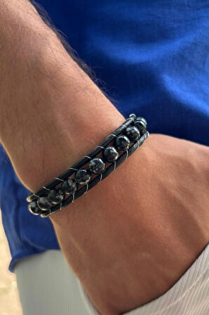 Siyah Doğal Taş El İşçiliği ile Üretilmiş Hakiki Deri Erkek Bileklik