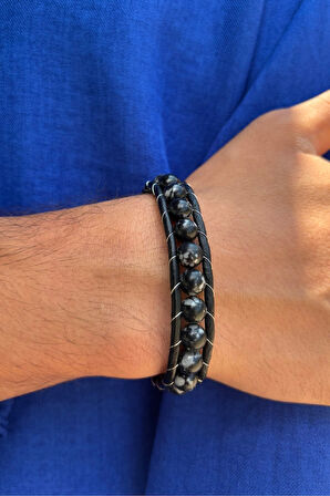 Siyah Doğal Taş El İşçiliği ile Üretilmiş Hakiki Deri Erkek Bileklik