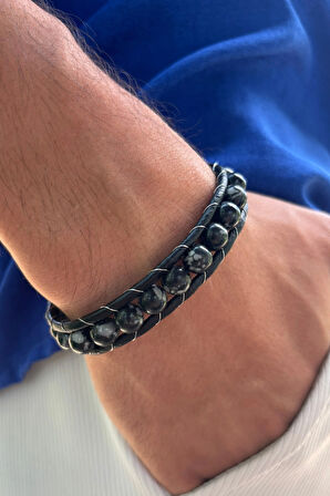 Siyah Doğal Taş El İşçiliği ile Üretilmiş Hakiki Deri Erkek Bileklik