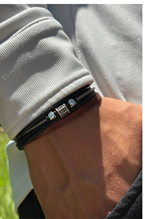 Taşlı Örgülü El İşçiliği ile Üretilmiş Hakiki Deri Erkek Bileklik