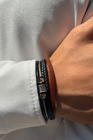 Taşlı Örgülü El İşçiliği ile Üretilmiş Hakiki Deri Erkek Bileklik