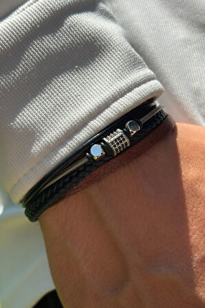 Taşlı Örgülü El İşçiliği ile Üretilmiş Hakiki Deri Erkek Bileklik