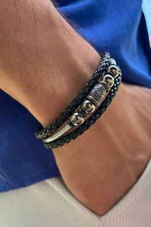 Siyah Örgülü El İşçiliği ile Üretilmiş Hakiki Deri Erkek Bileklik