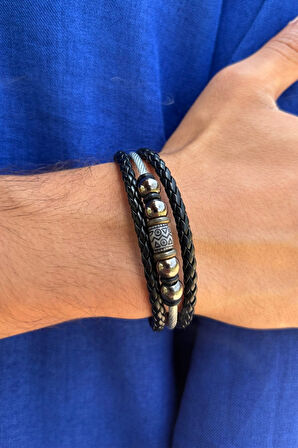 Siyah Örgülü El İşçiliği ile Üretilmiş Hakiki Deri Erkek Bileklik