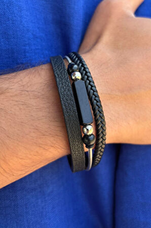Siyah Örgülü Taşlı El İşçiliği ile Üretilmiş Hakiki Deri Erkek Bileklik
