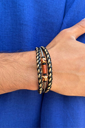 Örgülü El İşçiliği ile Üretilmiş Hakiki Deri Erkek Bileklik