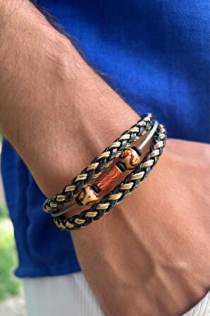 Örgülü El İşçiliği ile Üretilmiş Hakiki Deri Erkek Bileklik