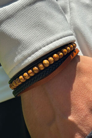 Taşlı El İşçiliği ile Üretilmiş Hakiki Deri Erkek Bileklik