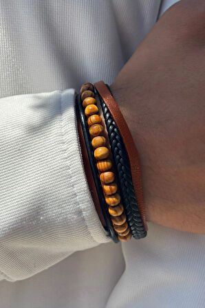 Taşlı El İşçiliği ile Üretilmiş Hakiki Deri Erkek Bileklik