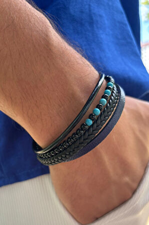 Taşlı Örgülü El İşçiliği ile Üretilmiş Hakiki Deri Erkek Bileklik