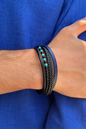 Taşlı Örgülü El İşçiliği ile Üretilmiş Hakiki Deri Erkek Bileklik