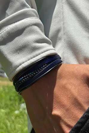 Mavi Siyah Örgülü El İşçiliği ile Üretilmiş Hakiki Deri Erkek Bileklik