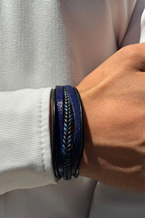 Mavi Siyah Örgülü El İşçiliği ile Üretilmiş Hakiki Deri Erkek Bileklik