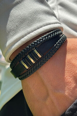 Siyah Çizgili Örgülü El İşçiliği ile Üretilmiş Hakiki Deri Erkek Bileklik