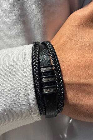 Siyah Çizgili Örgülü El İşçiliği ile Üretilmiş Hakiki Deri Erkek Bileklik