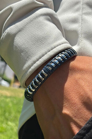 Mavi Çizgili El İşçiliği ile Üretilmiş Hakiki Deri Erkek Bileklik