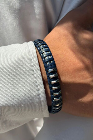 Mavi Çizgili El İşçiliği ile Üretilmiş Hakiki Deri Erkek Bileklik