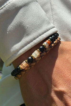 Taşlı Yılan Derisi Desenli El İşçiliği ile Üretilmiş Hakiki Deri Erkek Bileklik