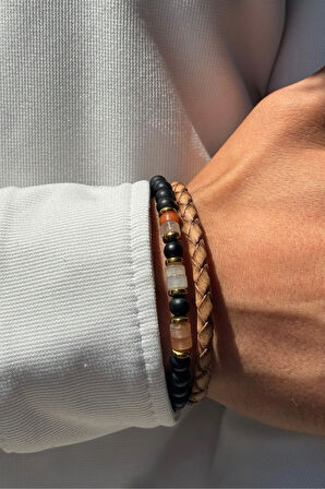 Taşlı Yılan Derisi Desenli El İşçiliği ile Üretilmiş Hakiki Deri Erkek Bileklik