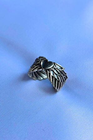 Melek Kanatlı Kalp Özel Tasarım Maskülen Ayarlanabilir Erkek Yüzük