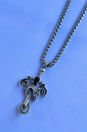Taşlı Ejderha El İşçiliği Paslanmaz Çelik Zincir Erkek Kolye