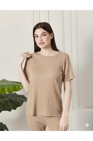 kadın %100 pamuklu fitilli pijama takımı - kısa kollu ribanalı yumuşak dokulu loungewear