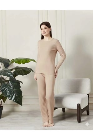 kadın %100 pamuklu fitilli pijama takımı - uzun kollu ribanalı yumuşak dokulu loungewear