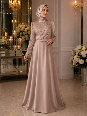 Bej Tesettür Abiye Elbise – Zarif Dantel ve Drape Detaylı