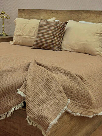 Bej 7 Katlı Çift Taraflı Dolgulu Çift Kişilik Müslin Battaniye %100 Pamuk 230x240 cm