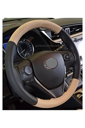Toyota Corolla 2013 Uyumlu Dikmeli Direksiyon Kılıfı Iki Renkli Bej-Siyah A Plus