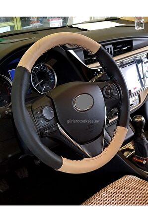 Toyota Corolla 2013 Uyumlu Dikmeli Direksiyon Kılıfı Iki Renkli Bej-Siyah A Plus