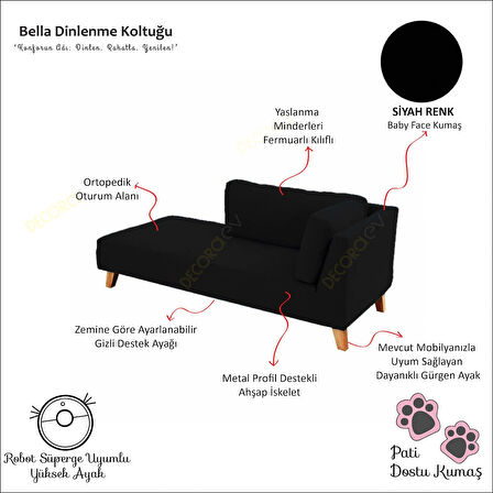 Bella Siyah Rahat Dinlenme Koltuğu Josefin Koltuk Psikolog Koltuğu Pati Dostu Kumaş Puf Koltuk Kanepe Sağ Köşe