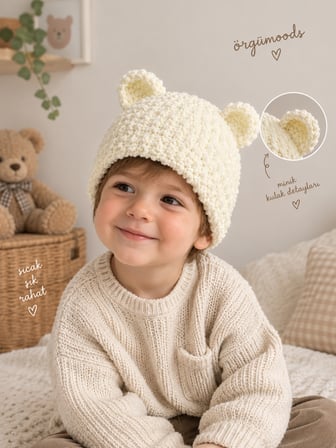 El Örgüsü Peluş Bebek Bere – Ayıcık Kulaklı Krem Rengi Yumuşak Bere