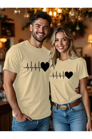 Kalp Ritmi Temalı Sevgili Kombini Çift Tshirt Oversize Unisex Romantik Çift