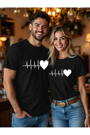 Kalp Ritmi Temalı Sevgili Kombini Çift Tshirt Oversize Unisex Romantik Çift