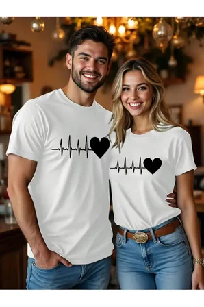 Kalp Ritmi Temalı Sevgili Kombini Çift Tshirt Oversize Unisex Romantik Çift