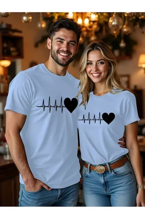 Kalp Ritmi Temalı Sevgili Kombini Çift Tshirt Oversize Unisex Romantik Çift