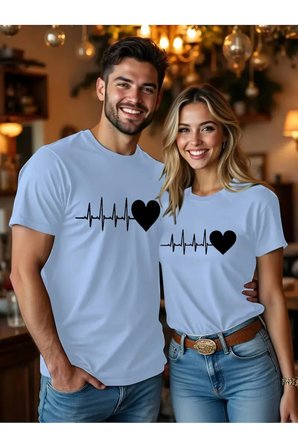 Kalp Ritmi Temalı Sevgili Kombini Çift Tshirt Oversize Unisex Romantik Çift