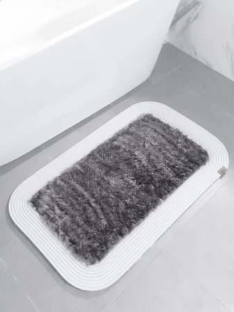 Jüt Peluş Kaymaz Taban Yıkanabilir Banyo Mutfak Kapı Önü Paspası 40x60 cm-Beyaz-Antrasit