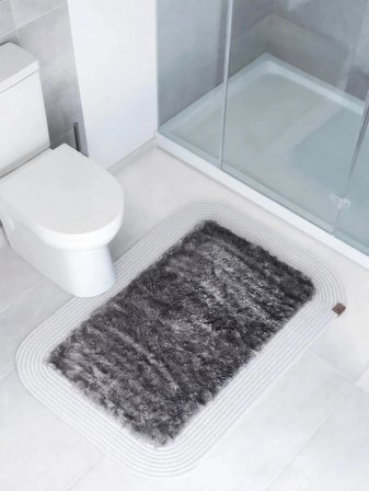 Jüt Peluş Kaymaz Taban Yıkanabilir Banyo Mutfak Kapı Önü Paspası 40x60 cm-Beyaz-Antrasit