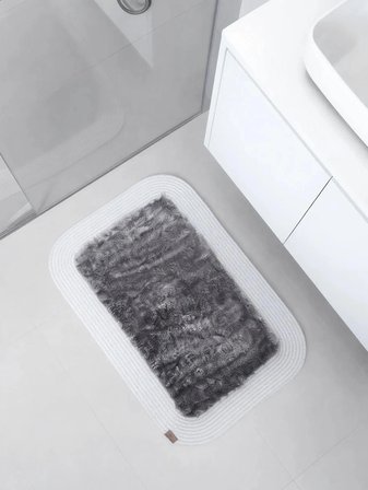 Jüt Peluş Kaymaz Taban Yıkanabilir Banyo Mutfak Kapı Önü Paspası 40x60 cm-Beyaz-Antrasit