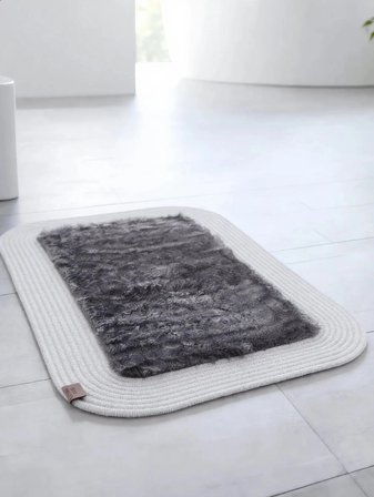 Jüt Peluş Kaymaz Taban Yıkanabilir Banyo Mutfak Kapı Önü Paspası 40x60 cm-Beyaz-Antrasit