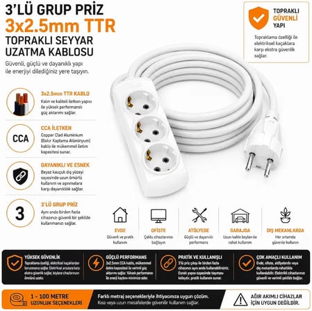  15 METRE 3’lü Grup Priz 3x2.5mm TTR Beyaz Topraklı Kauçuk Seyyar Uzatma Kablosu