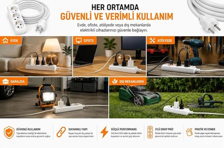 40 METRE 3’lü Grup Priz 3x2.5mm TTR Beyaz Topraklı Kauçuk Seyyar Uzatma Kablosu