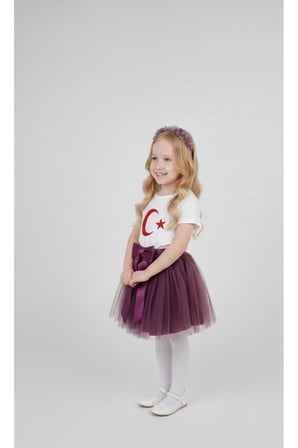Kız Çocuk 23 Nisan 29 Ekim Gösteri Kıyafeti Kostüm Baskılı Kısa Kol Tshirt Mor Tütü Etek Takım