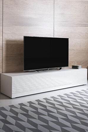 Modern TV Ünitesi Duvara Monte Kapaklı TV Sehpası Minimal Salon Raflı Depolama Ünitesi Beyaz 160cm